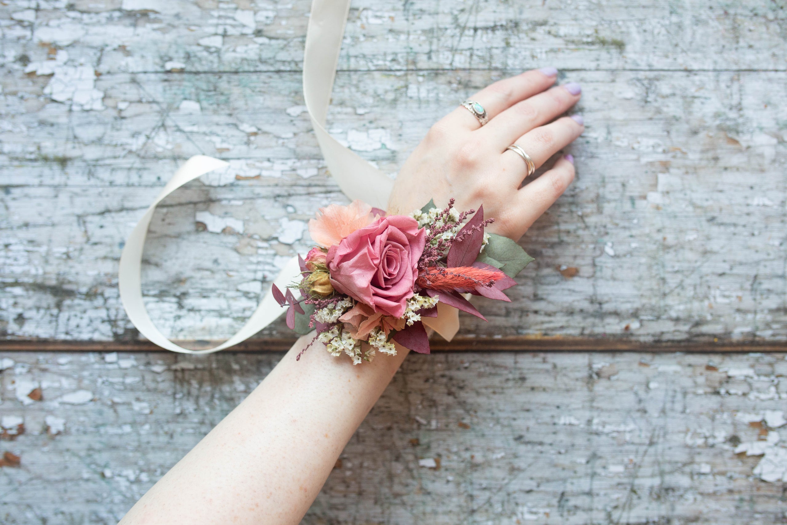 Dried Floral Corsage With Ribbon Overlay, Beautiful Natural Dried